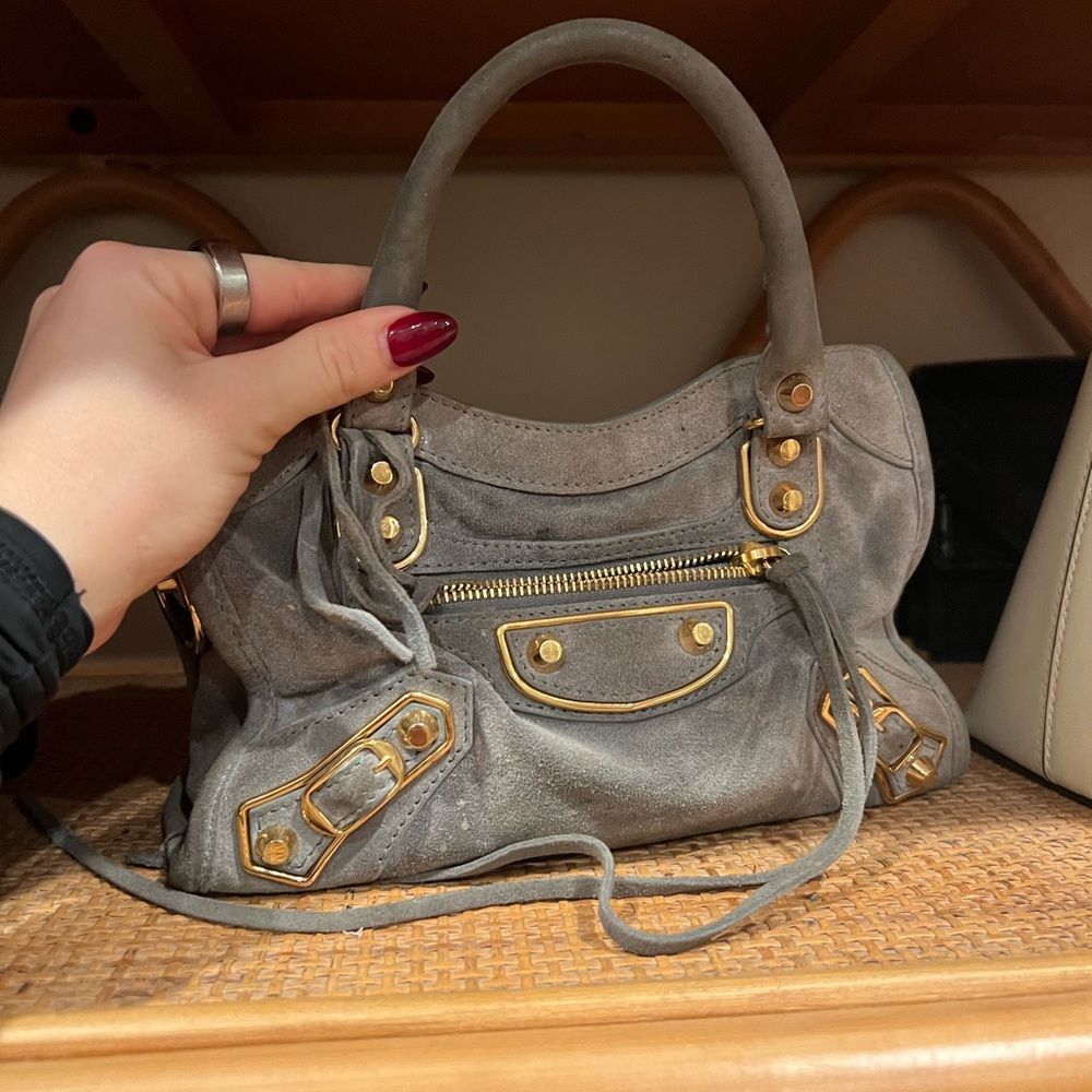 Balenciaga Silver Suede Mini City Bag